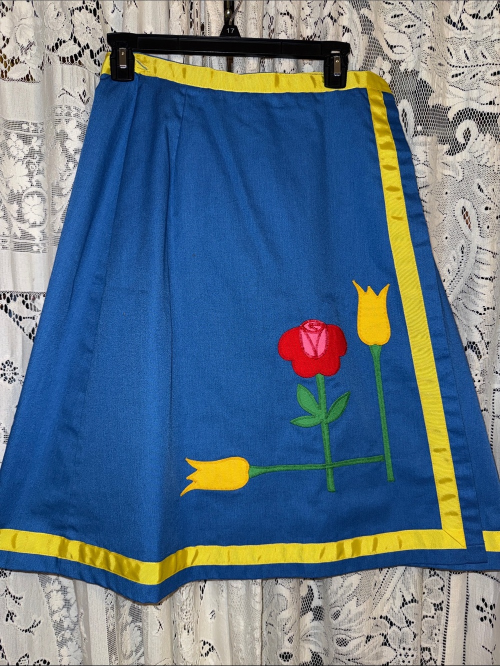 Vintage Blue A-Line Skirt with Yellow Trim and Floral Detail